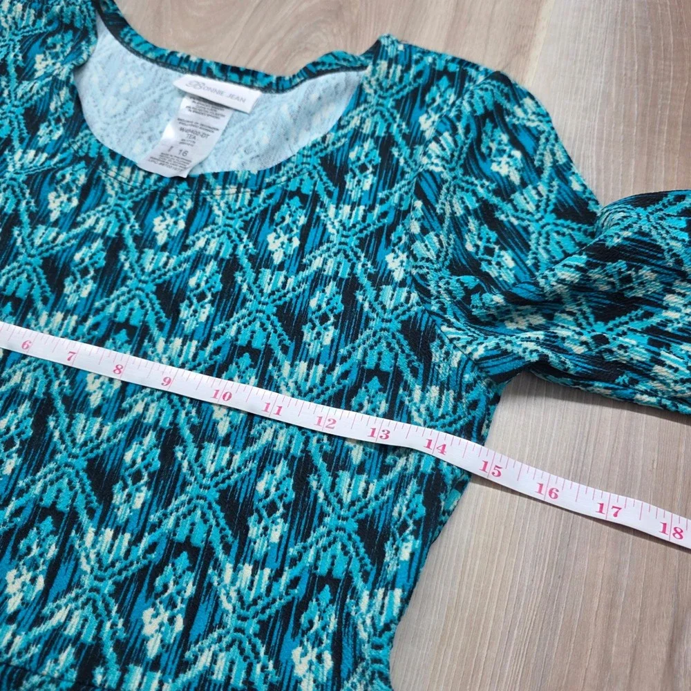 Bonnie Jean‎ Girls Dress Teal Black Geometric  Fit Flare 3/4 Sleeve Size 16 NWT